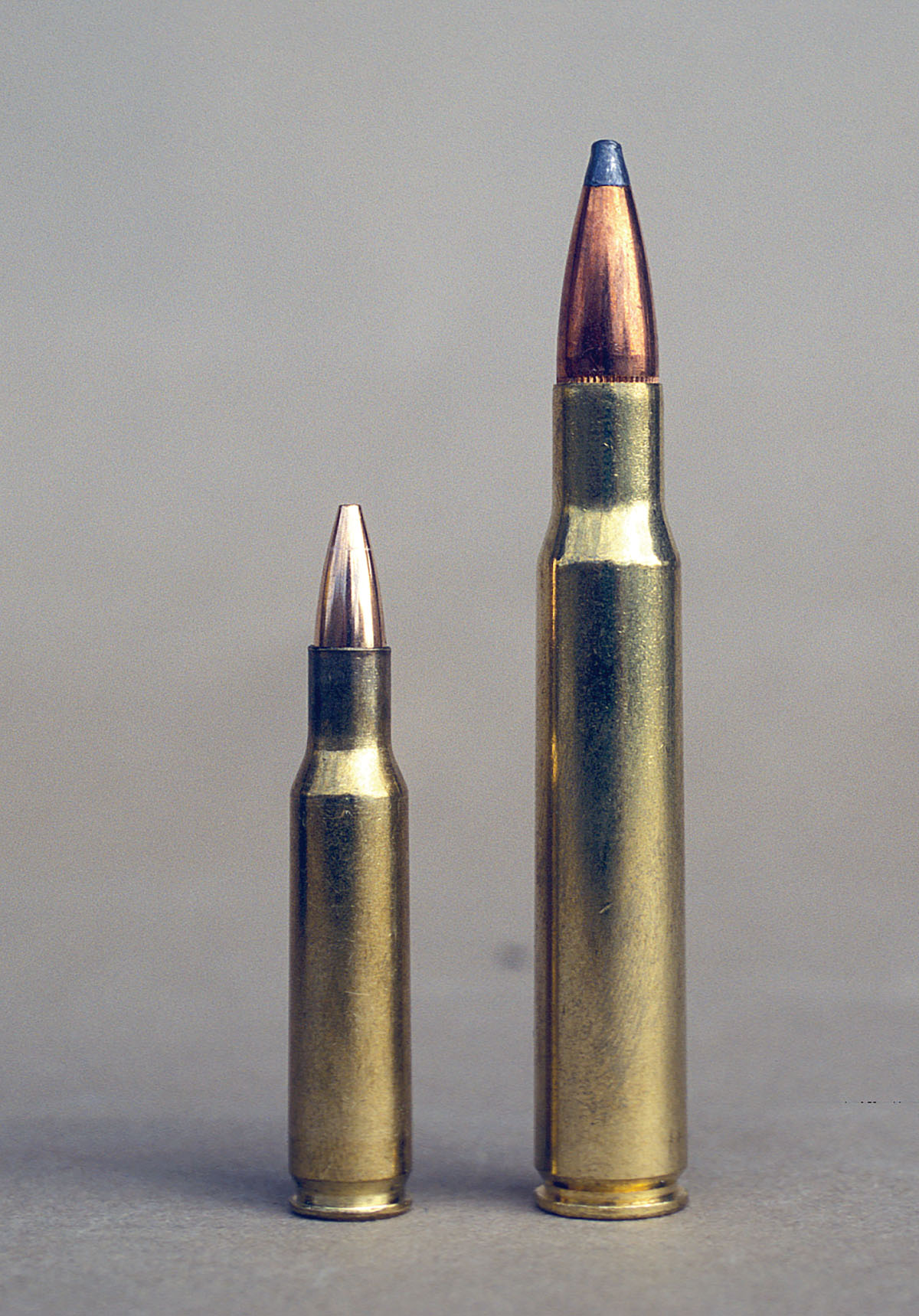 The .222 Remington (left) resembles a small .30-06.
